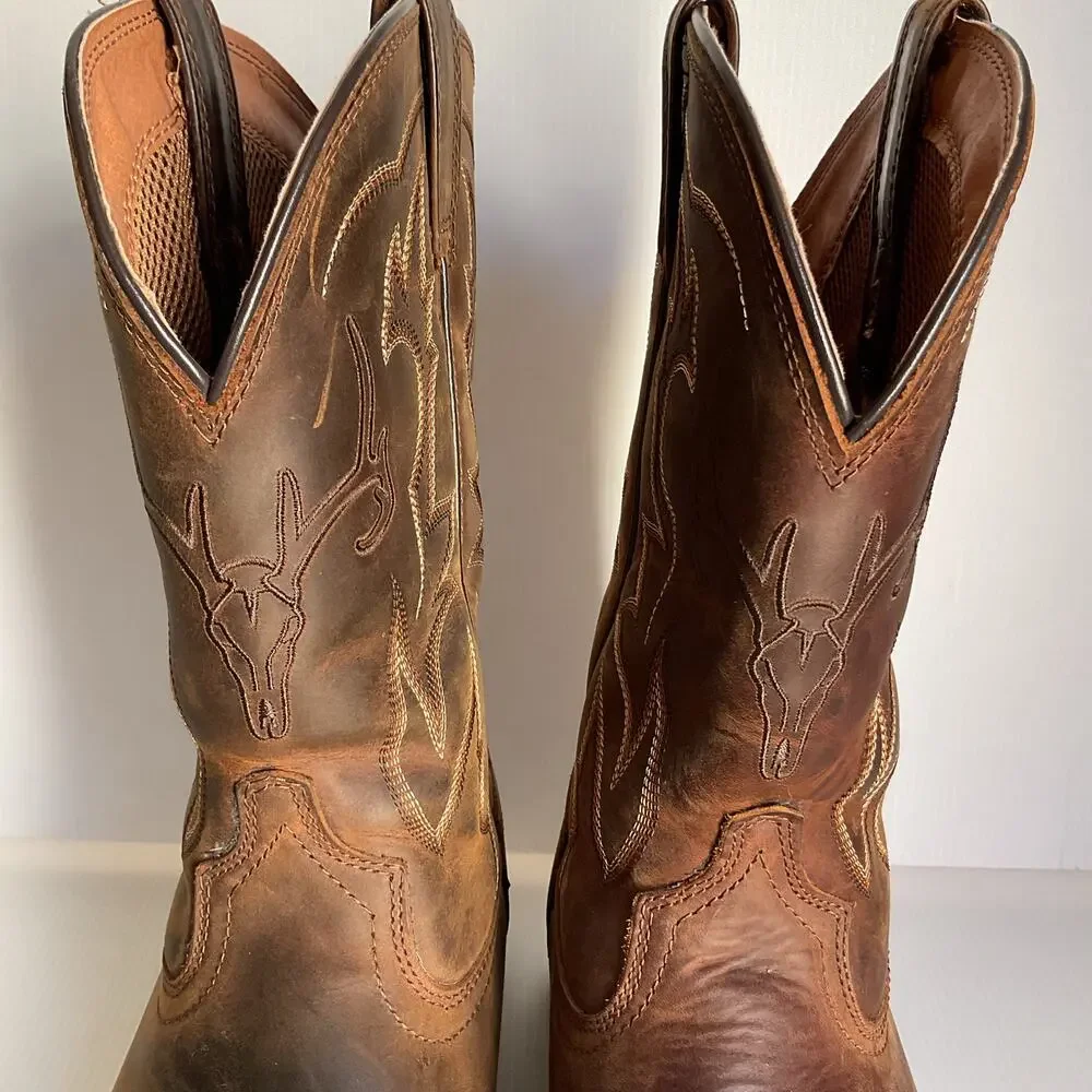 Ariat Men’s Western Cowboy Boots Brown Leather Deer Skull Square Toe Size 13D